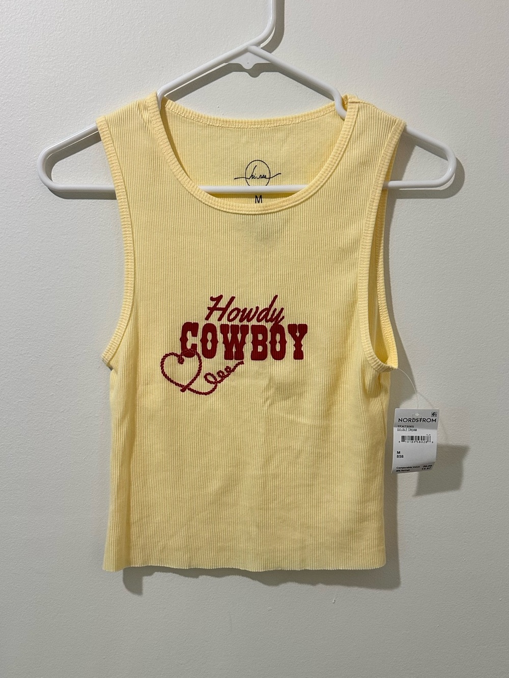 Yellow Tank Top with Red "Howdy Cowboy" Graphic